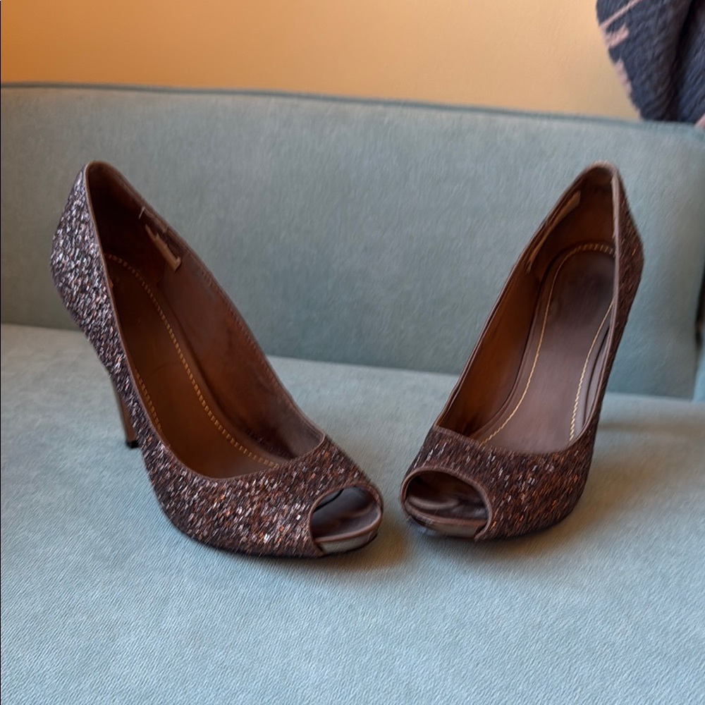 Elegant Sparkle Brown Peep-Toe Heels